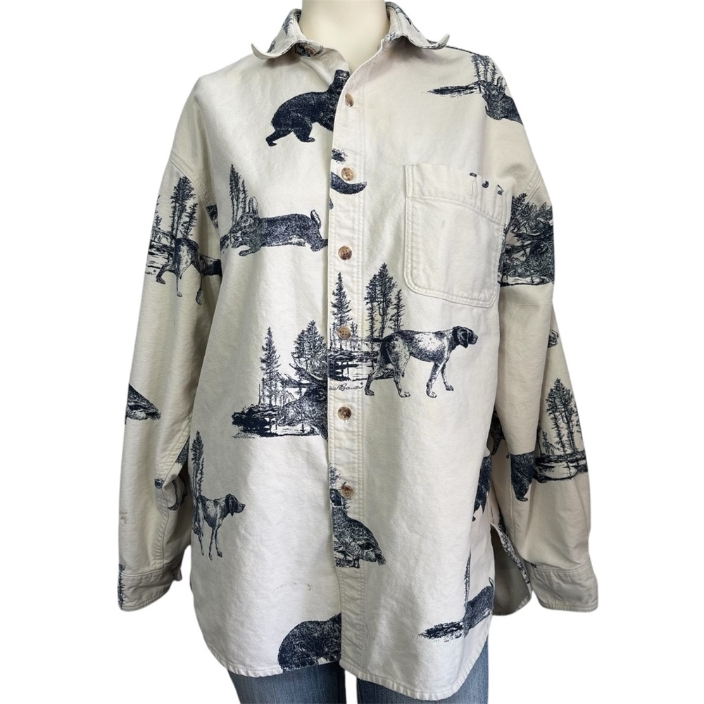 Eddie Bauer Cream Button-Down Shirt with Navy Outdoor Dog Print
